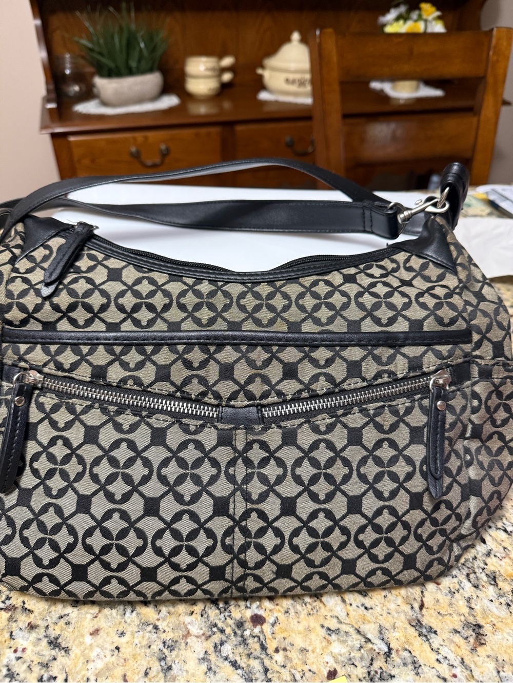 Black and Cream Geo-Pattern Satchel Shoulder Bag- measured 9 x 11 x 4